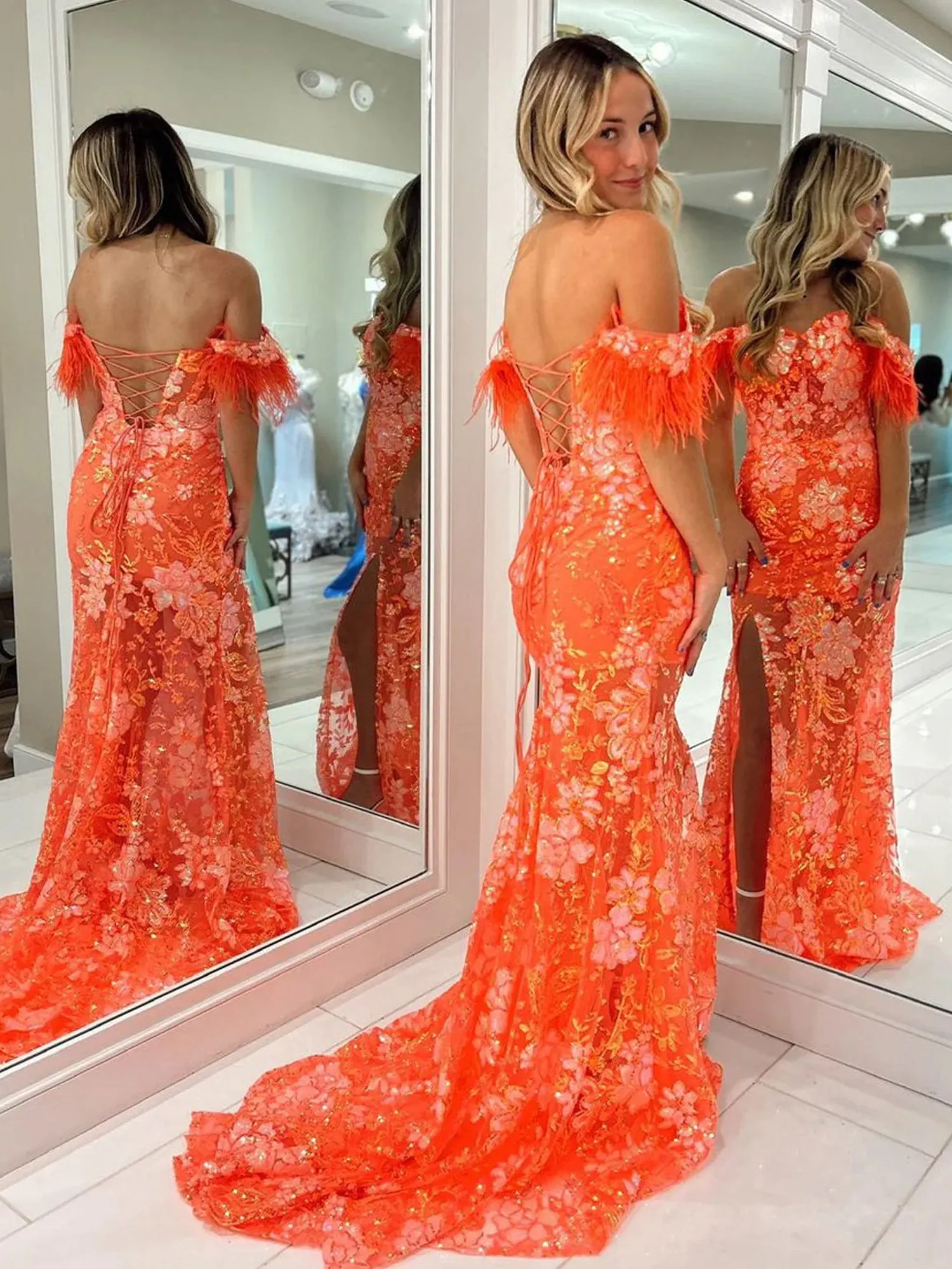 Jalea | Orange Sweetheart Mermaid Lace Long Prom Dresses With Split