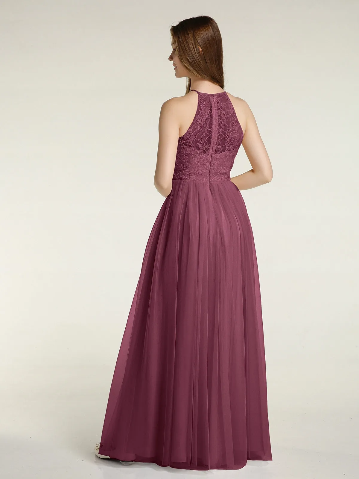 Lace Bodice and Tulle Skirt Long Dresses-Mulberry