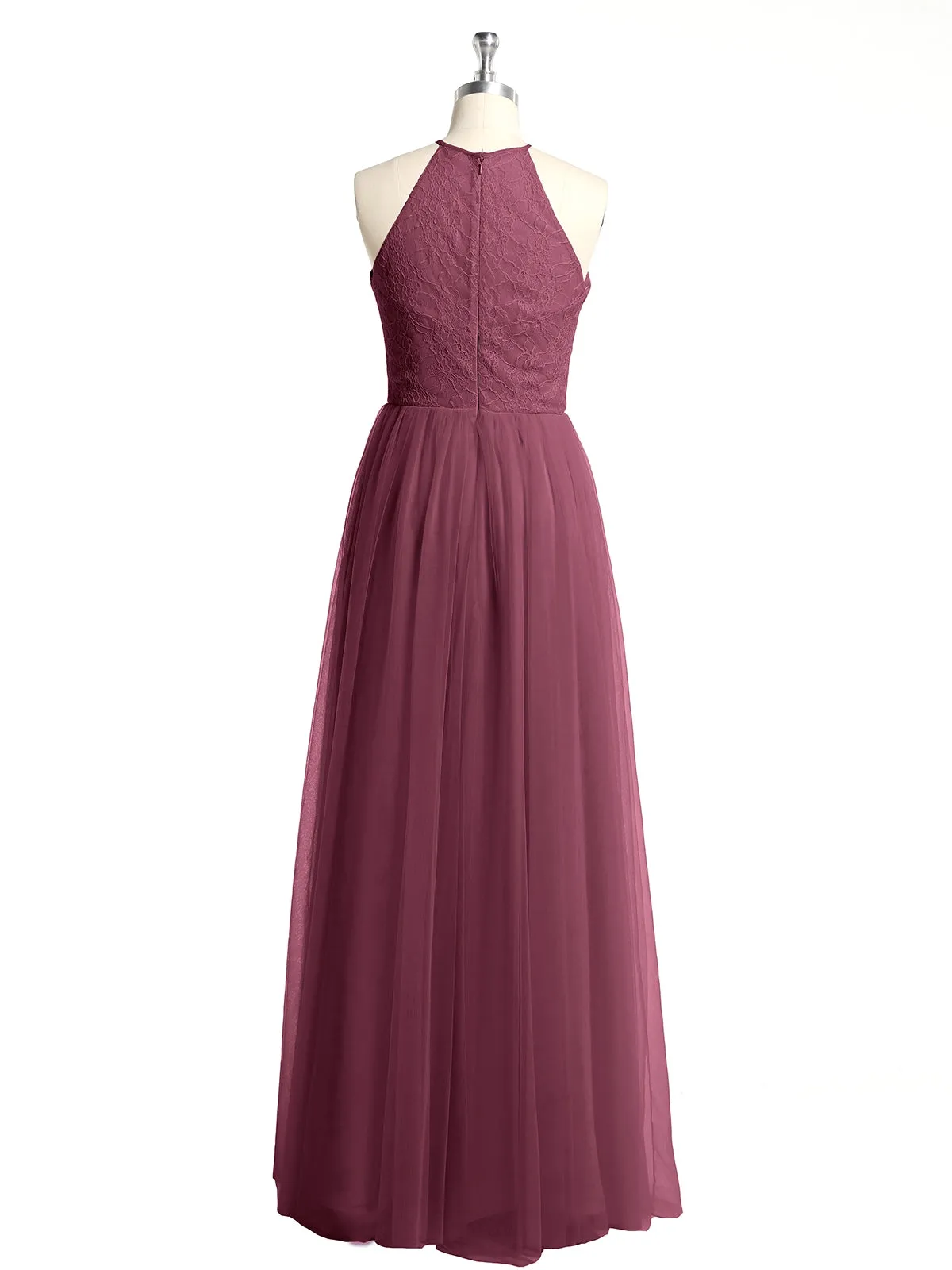 Lace Bodice and Tulle Skirt Long Dresses-Mulberry