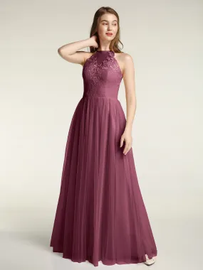 Lace Bodice and Tulle Skirt Long Dresses-Mulberry
