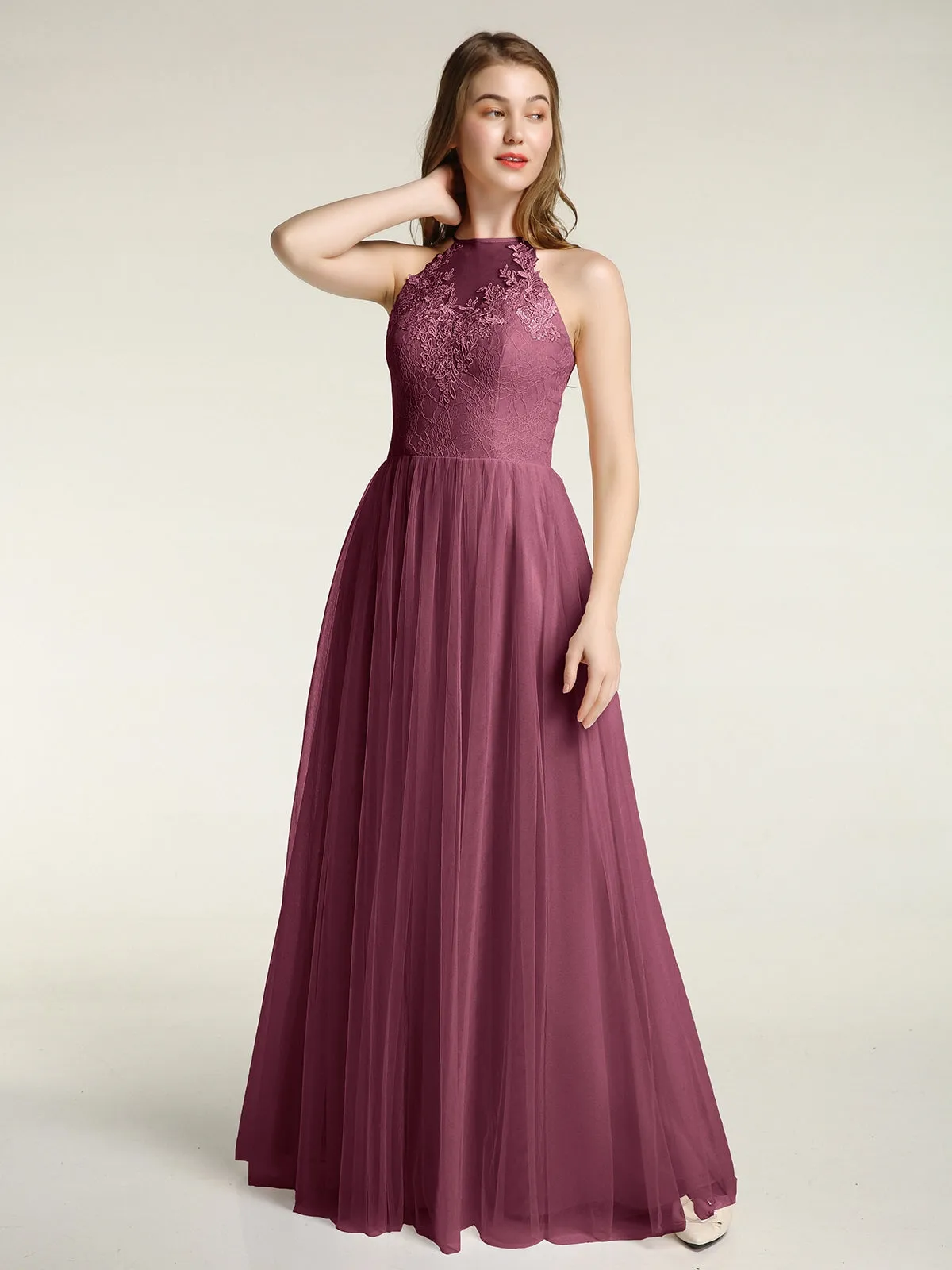 Lace Bodice and Tulle Skirt Long Dresses-Mulberry
