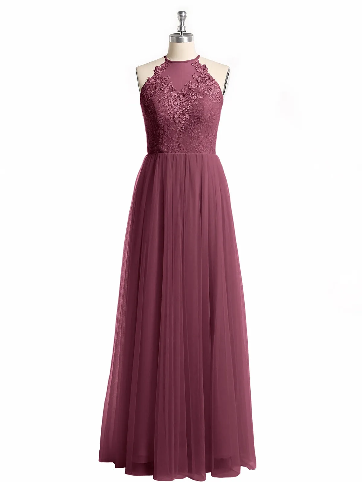 Lace Bodice and Tulle Skirt Long Dresses-Mulberry