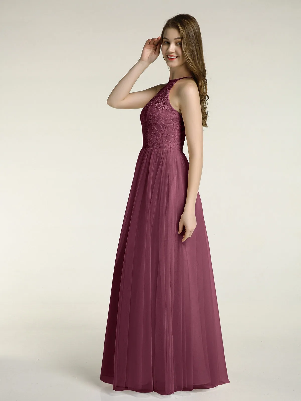 Lace Bodice and Tulle Skirt Long Dresses-Mulberry