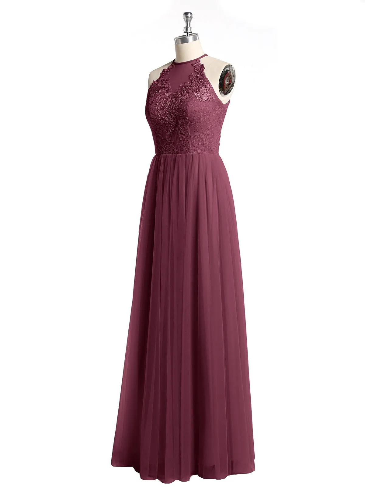 Lace Bodice and Tulle Skirt Long Dresses-Mulberry