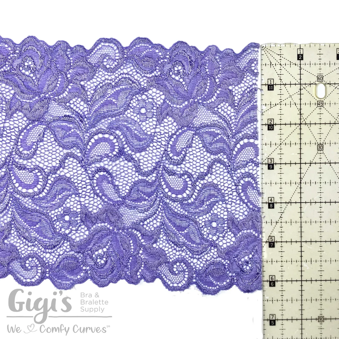 Lace, Stretch Lace, 6" Bright Lilac Floral Stretch Lace, 6 inch