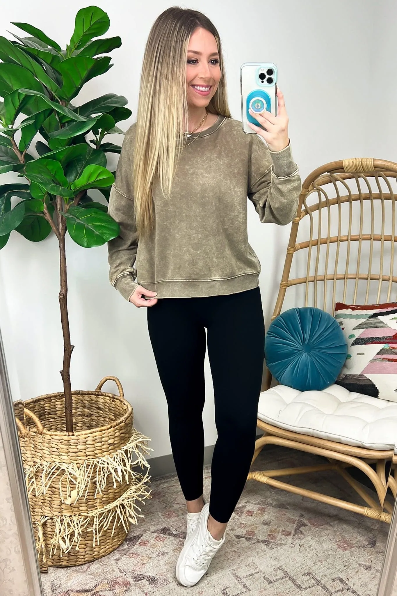 Louetta Acid Wash Boat Neck Pullover