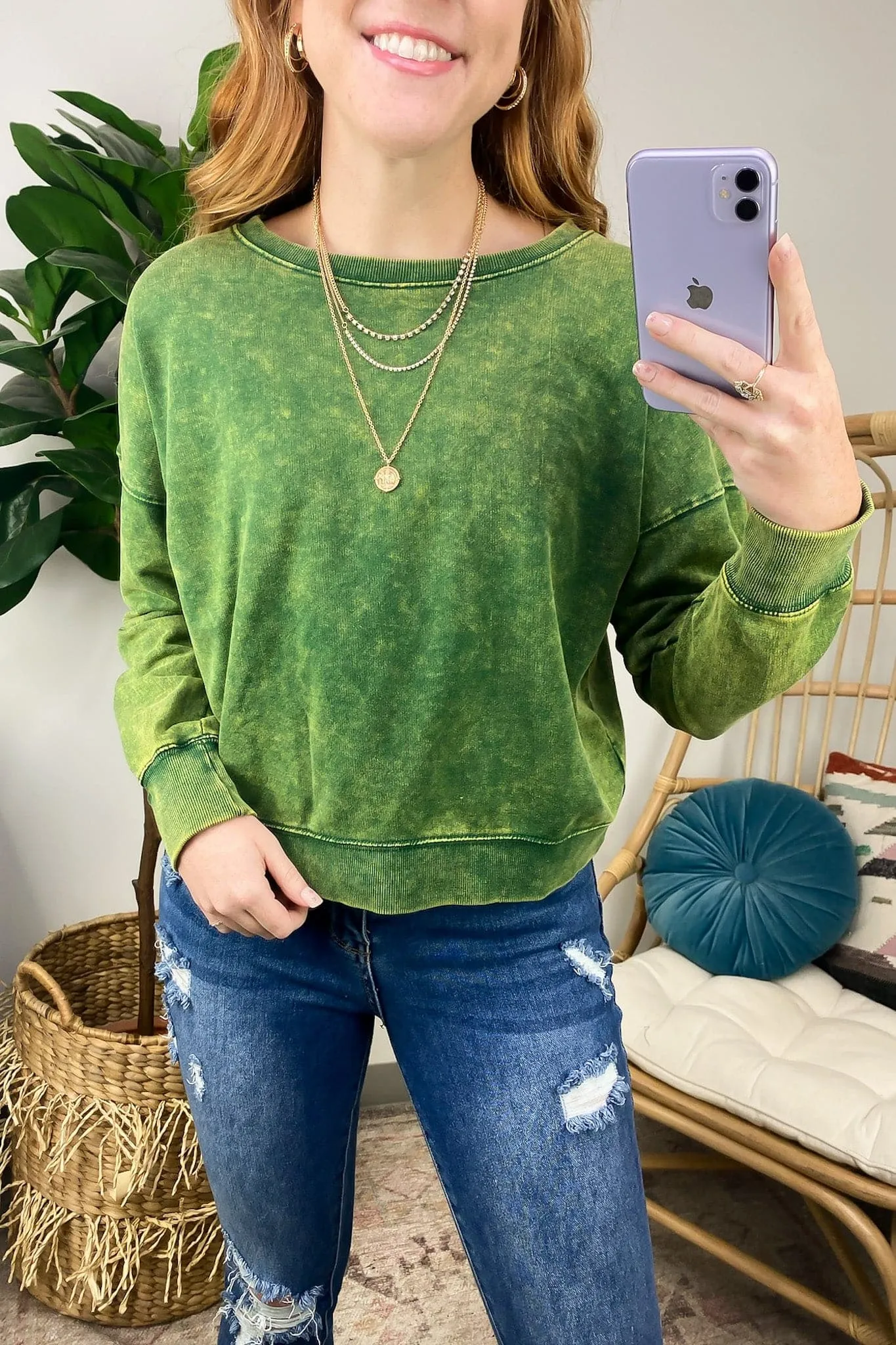 Louetta Acid Wash Boat Neck Pullover