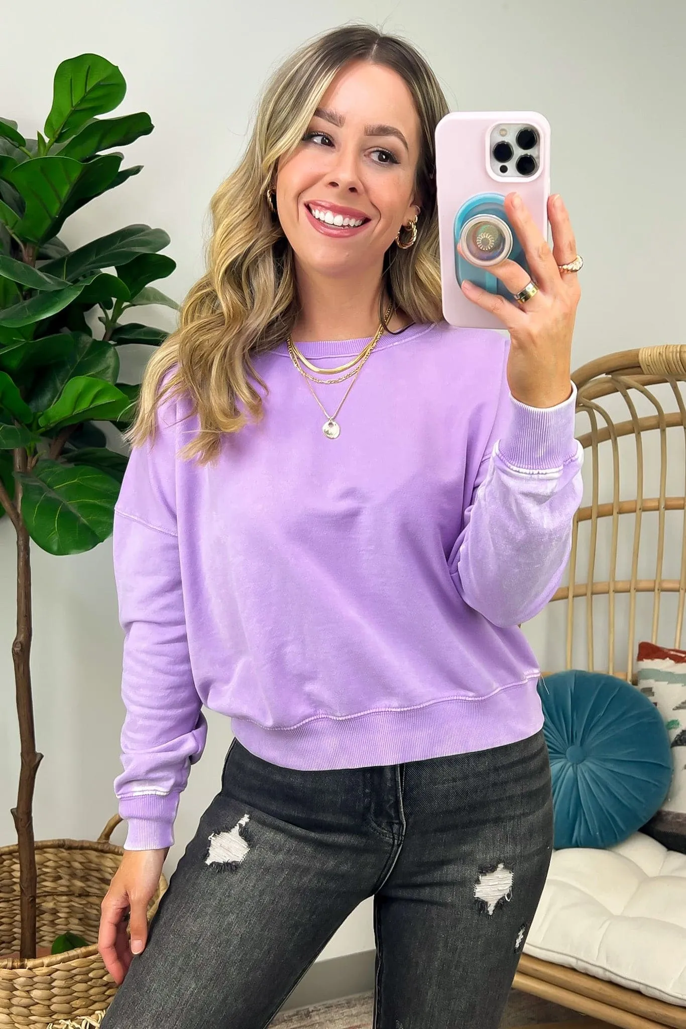 Louetta Acid Wash Boat Neck Pullover