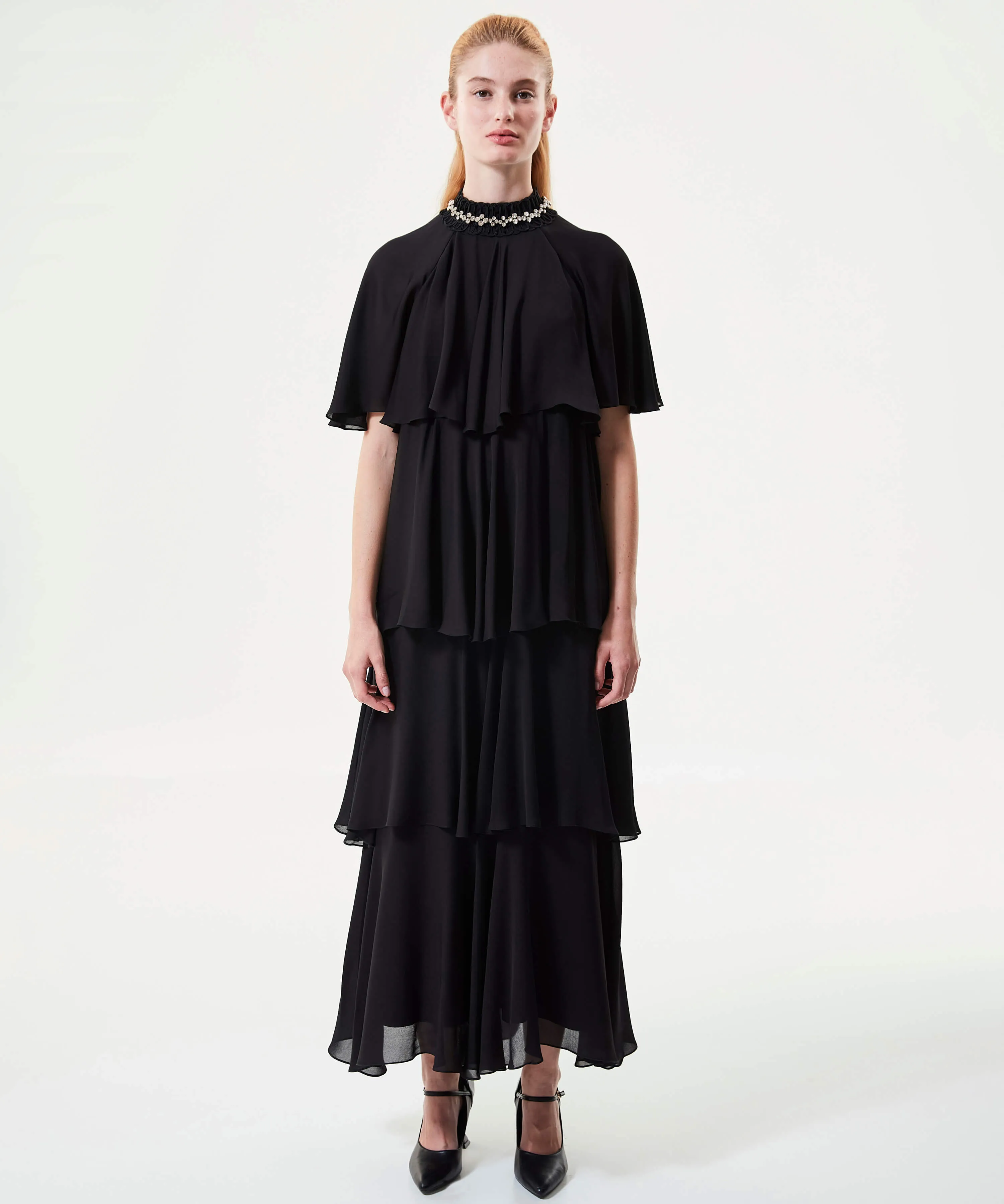 Machka Flared Tiered Flowy Dress With Rhinestone Neck Black