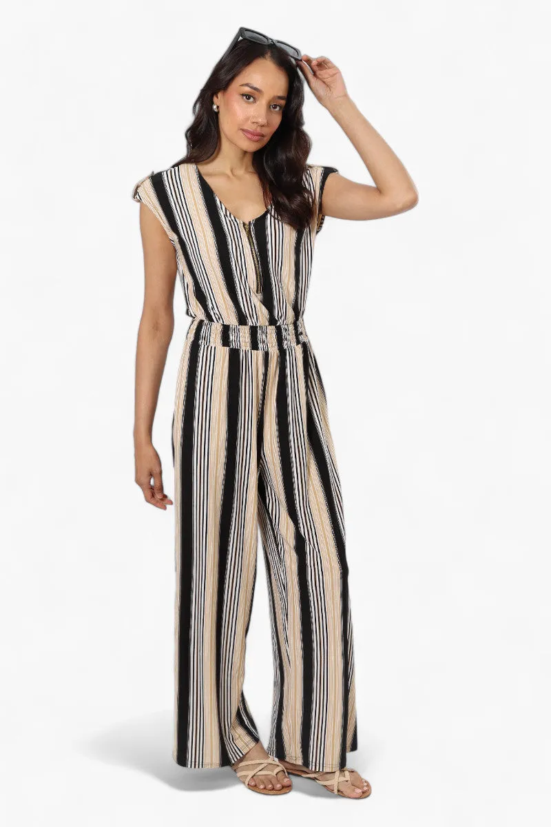 Majora Striped Front Zip Cinched Waist Jumpsuit - Beige