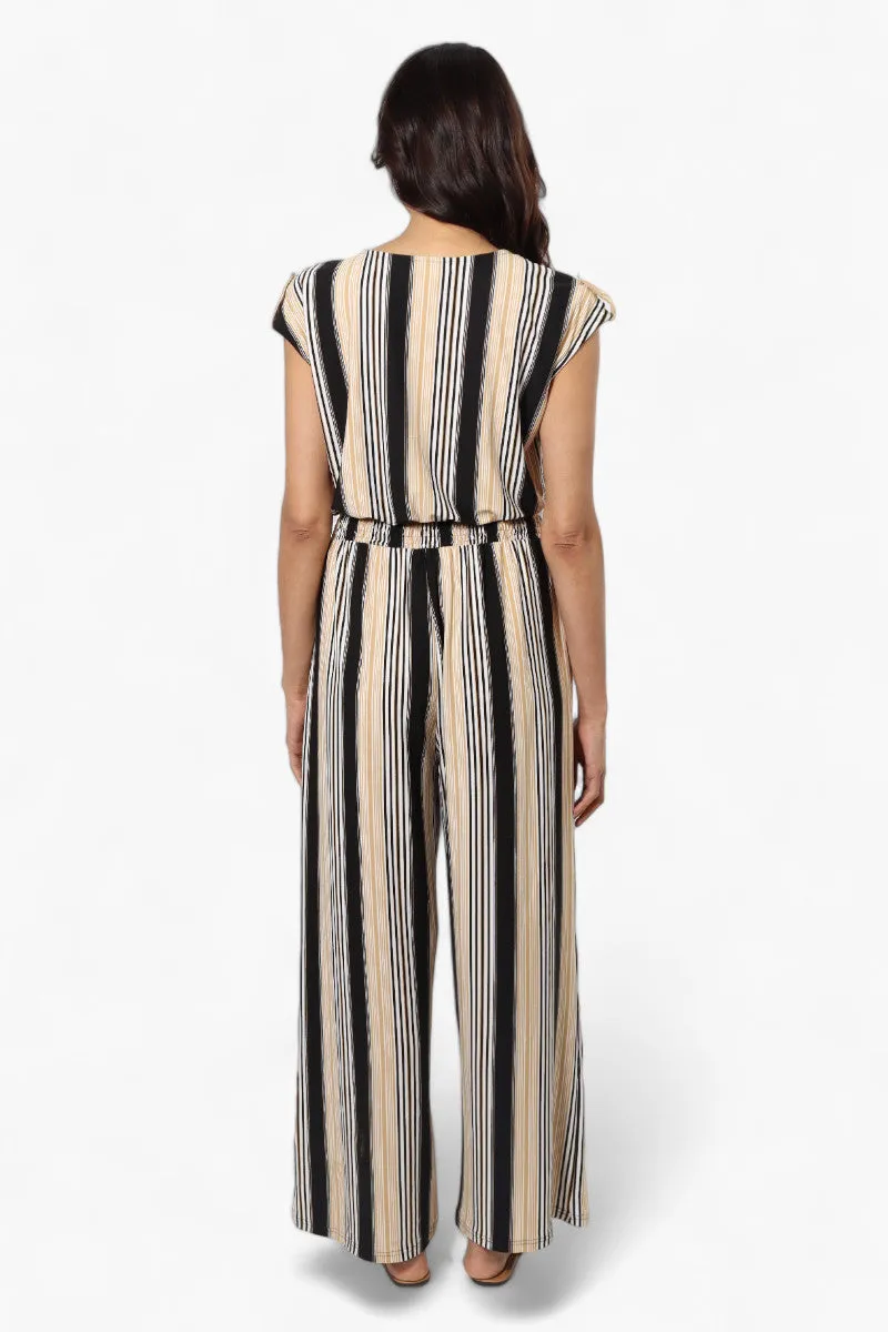 Majora Striped Front Zip Cinched Waist Jumpsuit - Beige