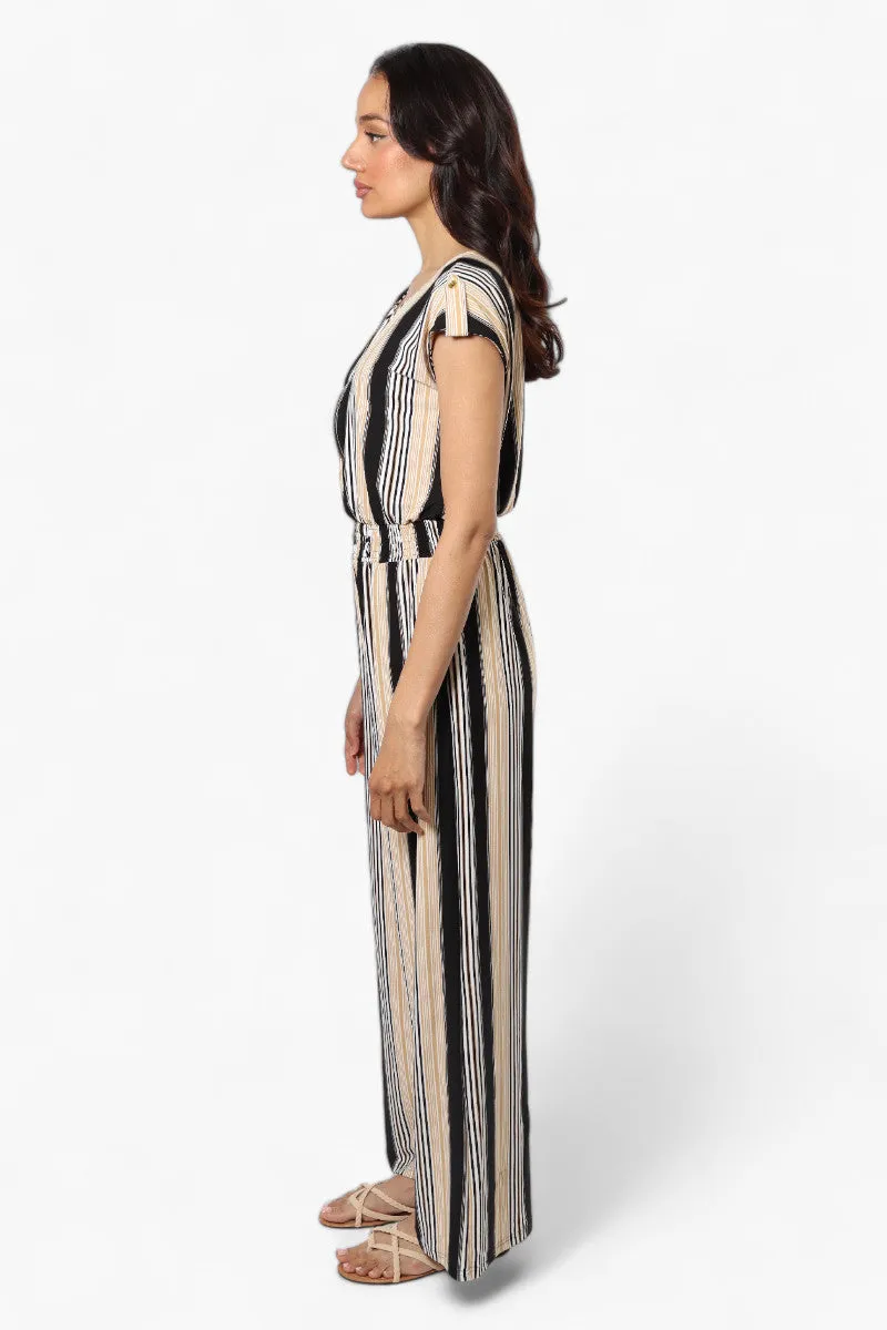 Majora Striped Front Zip Cinched Waist Jumpsuit - Beige