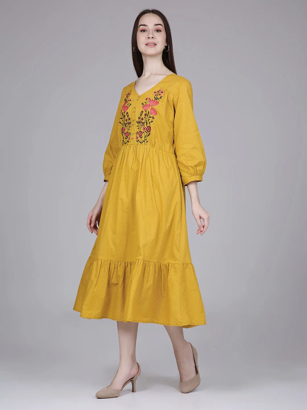 Mustard Cotton Tiered Midi Dress