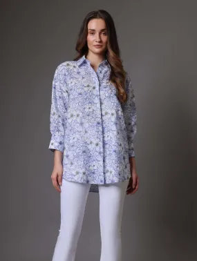 Oversized Blue And White Floral Linen Shirt