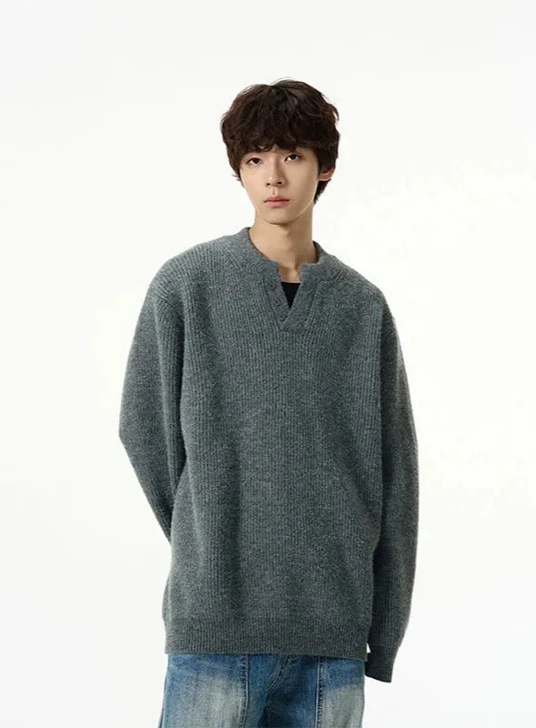 Oversized Half Button V-Neck Fuzzy Sweater