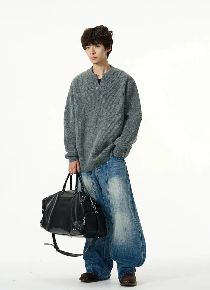 Oversized Half Button V-Neck Fuzzy Sweater