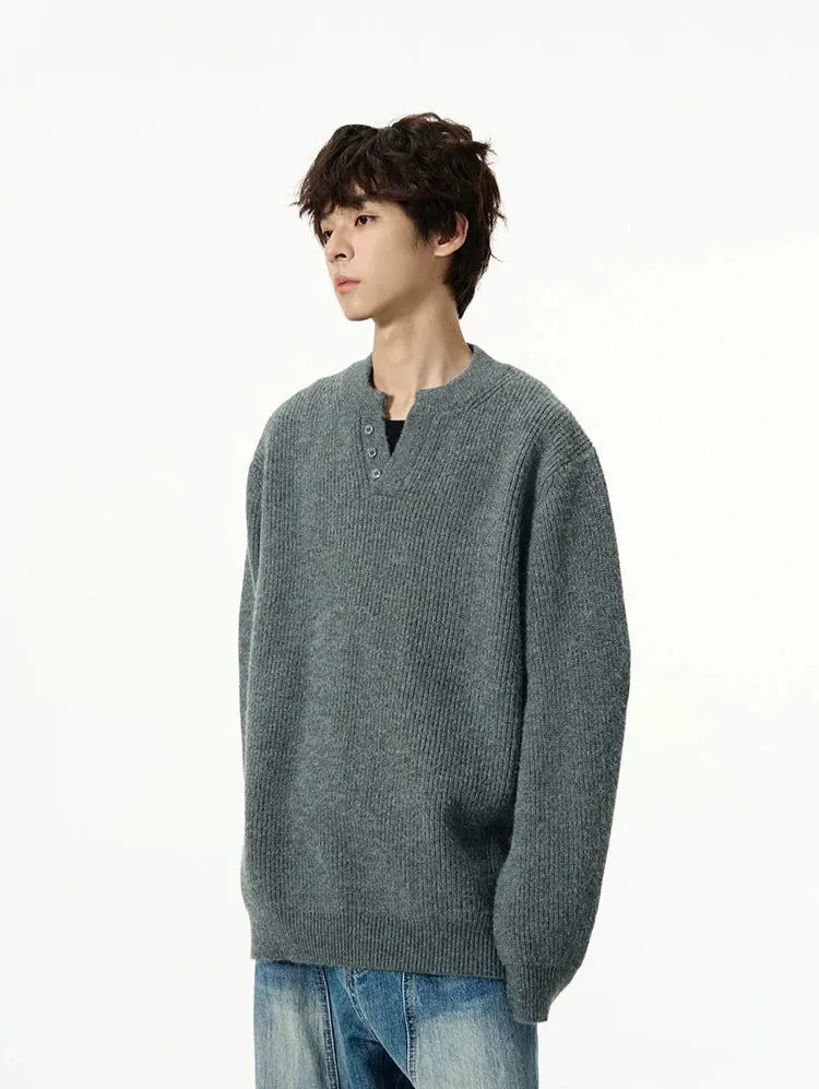 Oversized Half Button V-Neck Fuzzy Sweater