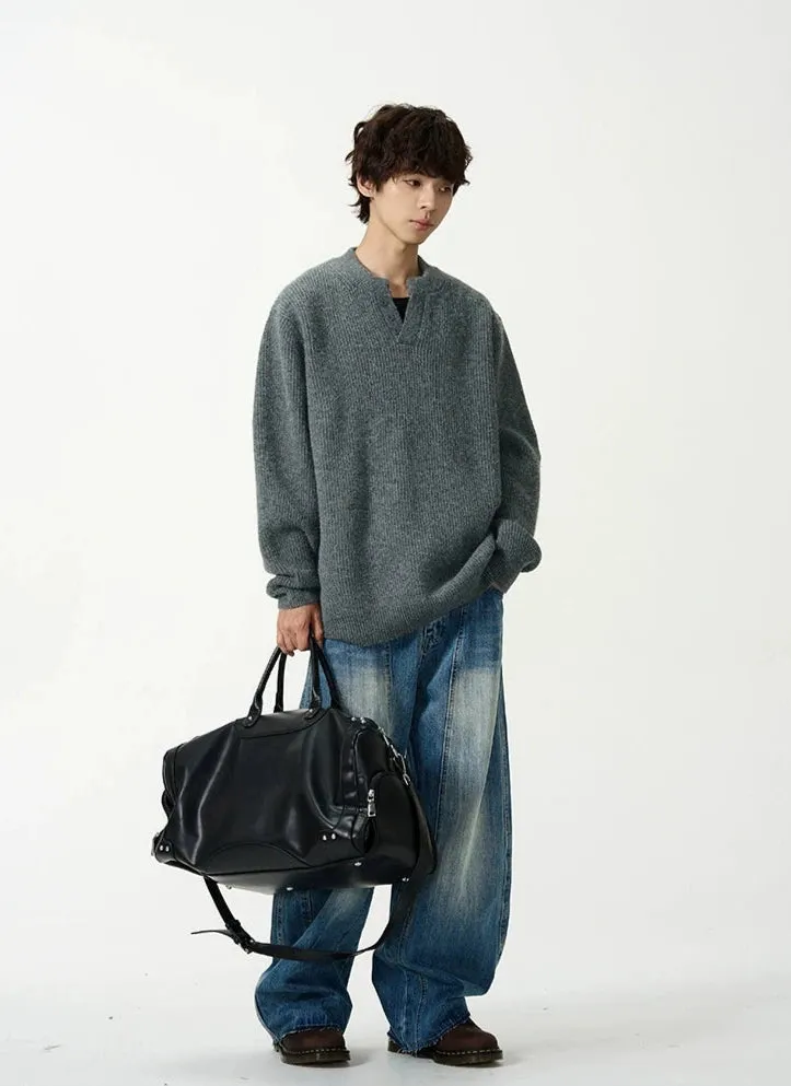 Oversized Half Button V-Neck Fuzzy Sweater