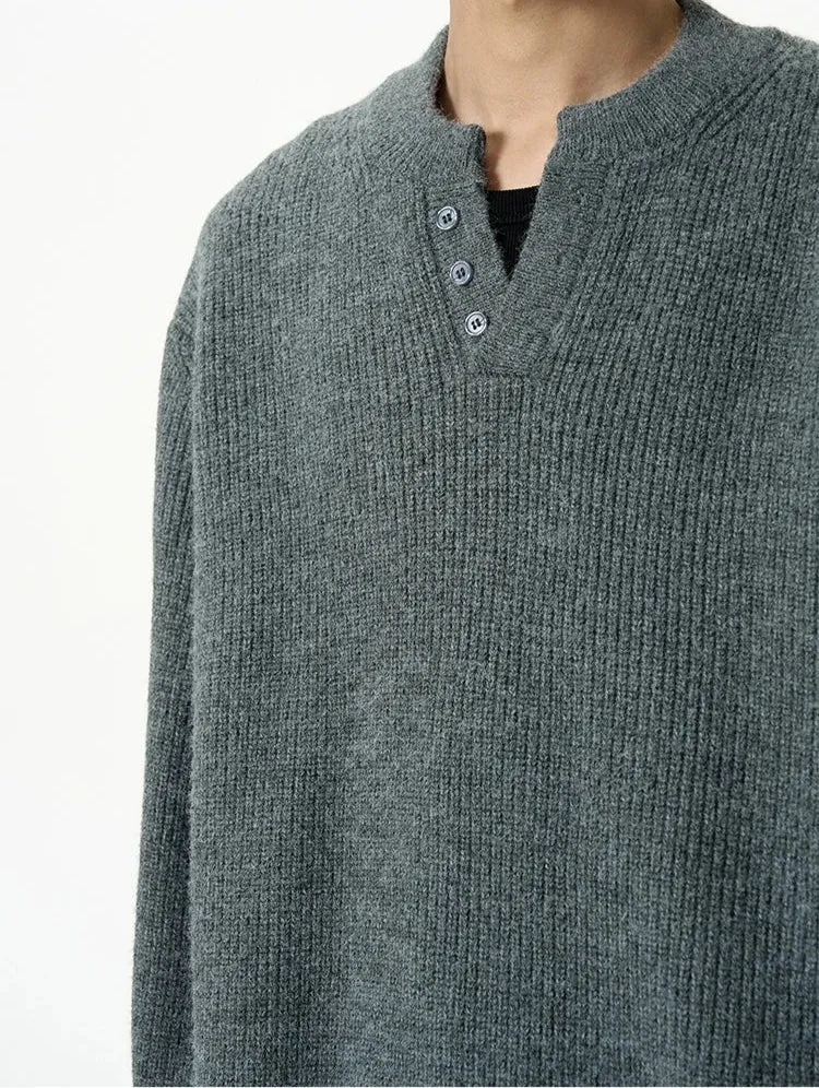 Oversized Half Button V-Neck Fuzzy Sweater