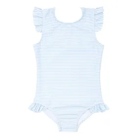 Powder Blue Stripe Ruffle Sleeve One Piece Rash Guard