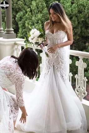 Promfast Gorgeous Mermaid Beading Lace Strapless Sweetheart Wedding Dresses PFW0518