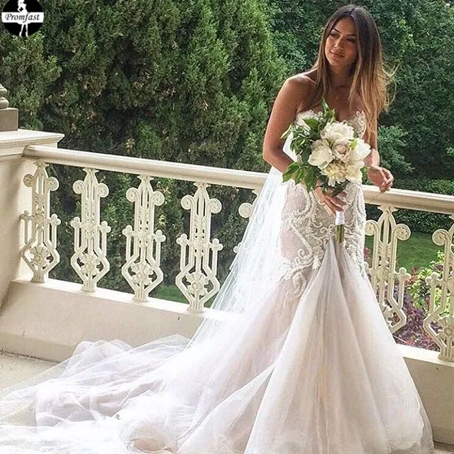 Promfast Gorgeous Mermaid Beading Lace Strapless Sweetheart Wedding Dresses PFW0518