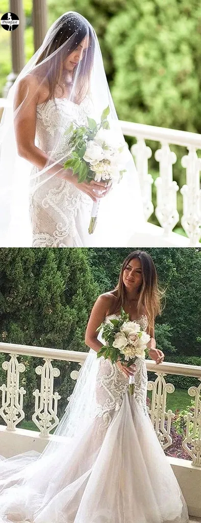 Promfast Gorgeous Mermaid Beading Lace Strapless Sweetheart Wedding Dresses PFW0518