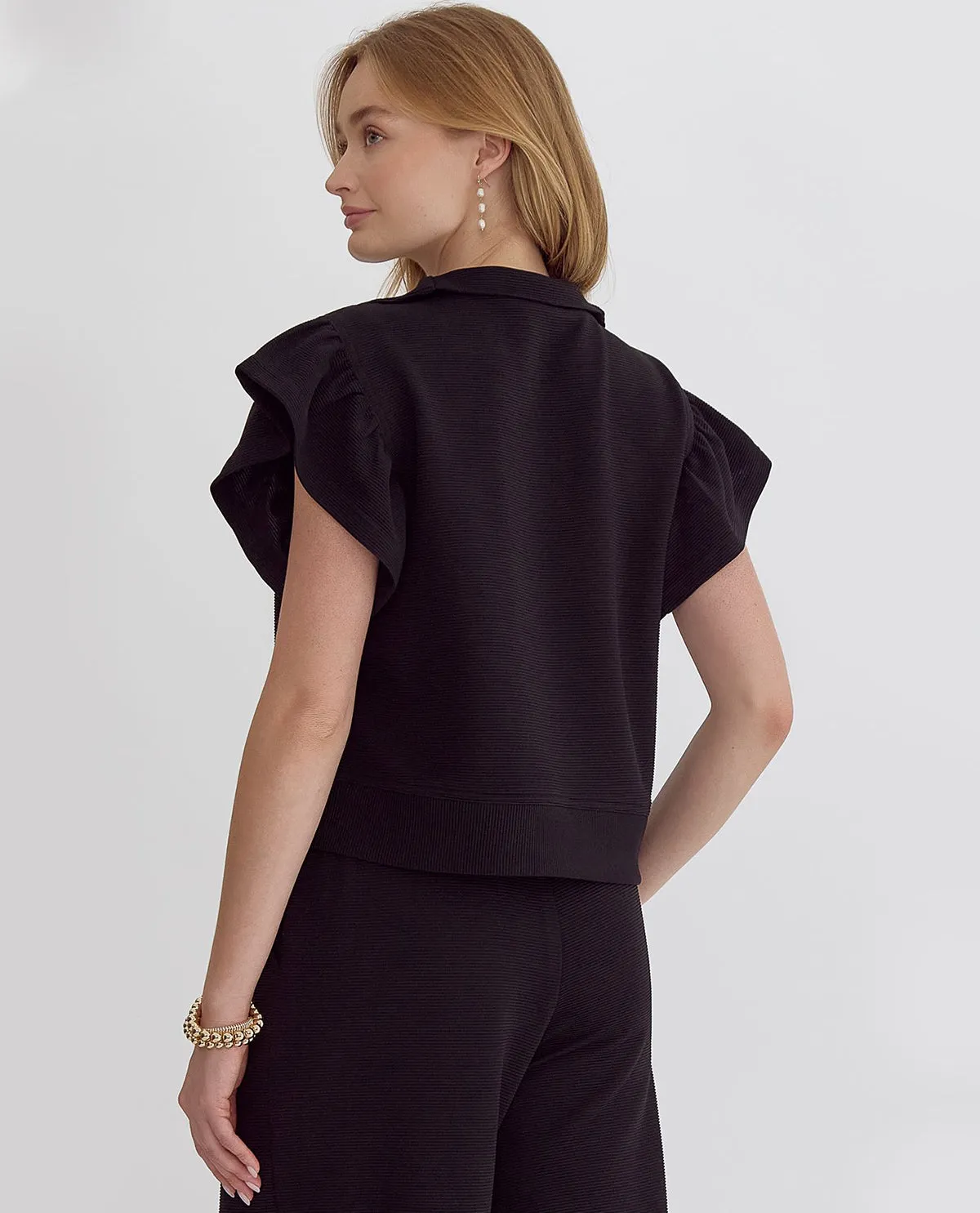 Quarter Zip Ruffle Sleeve Top
