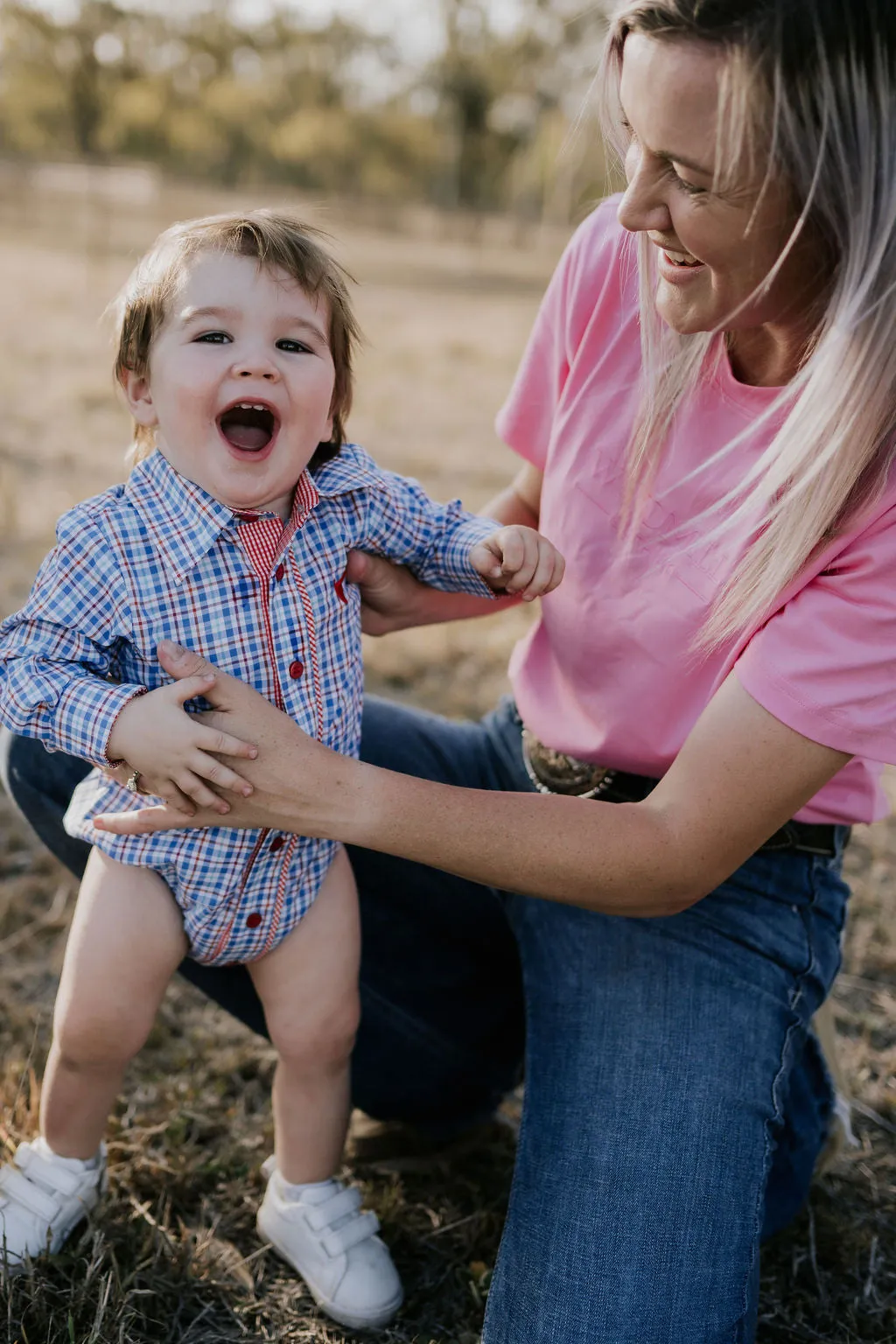 "Harvey Baby" Red Blue Gingham Long Sleeve Romper