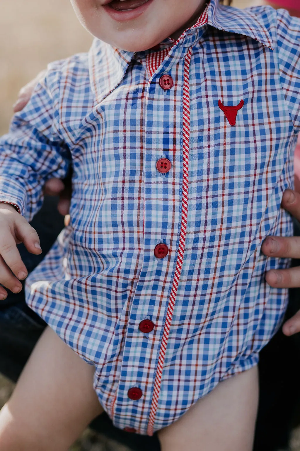 "Harvey Baby" Red Blue Gingham Long Sleeve Romper