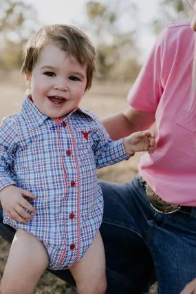 "Harvey Baby" Red Blue Gingham Long Sleeve Romper