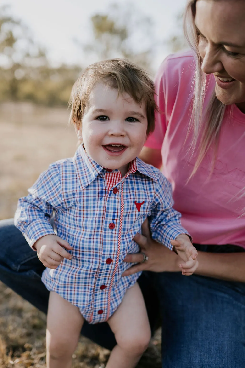 "Harvey Baby" Red Blue Gingham Long Sleeve Romper
