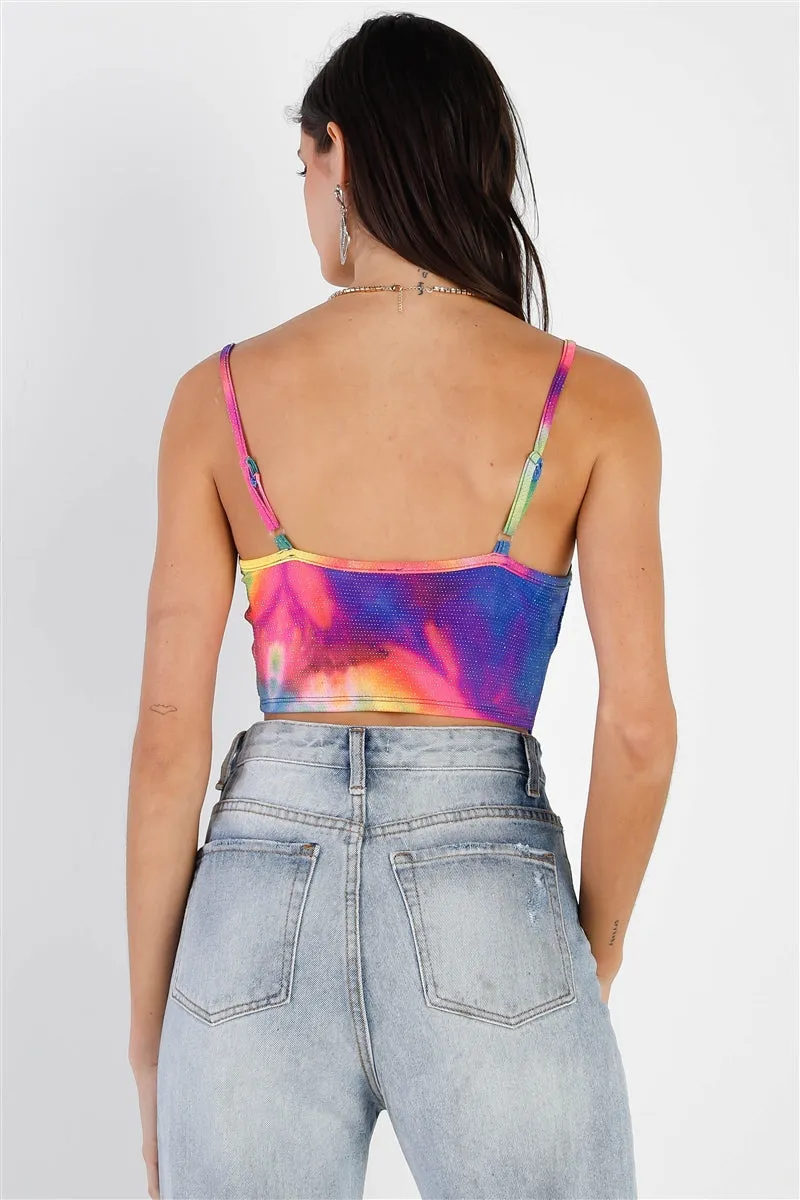 Rainbow Neon Tie-Dye Cowl Neck Crop Top
