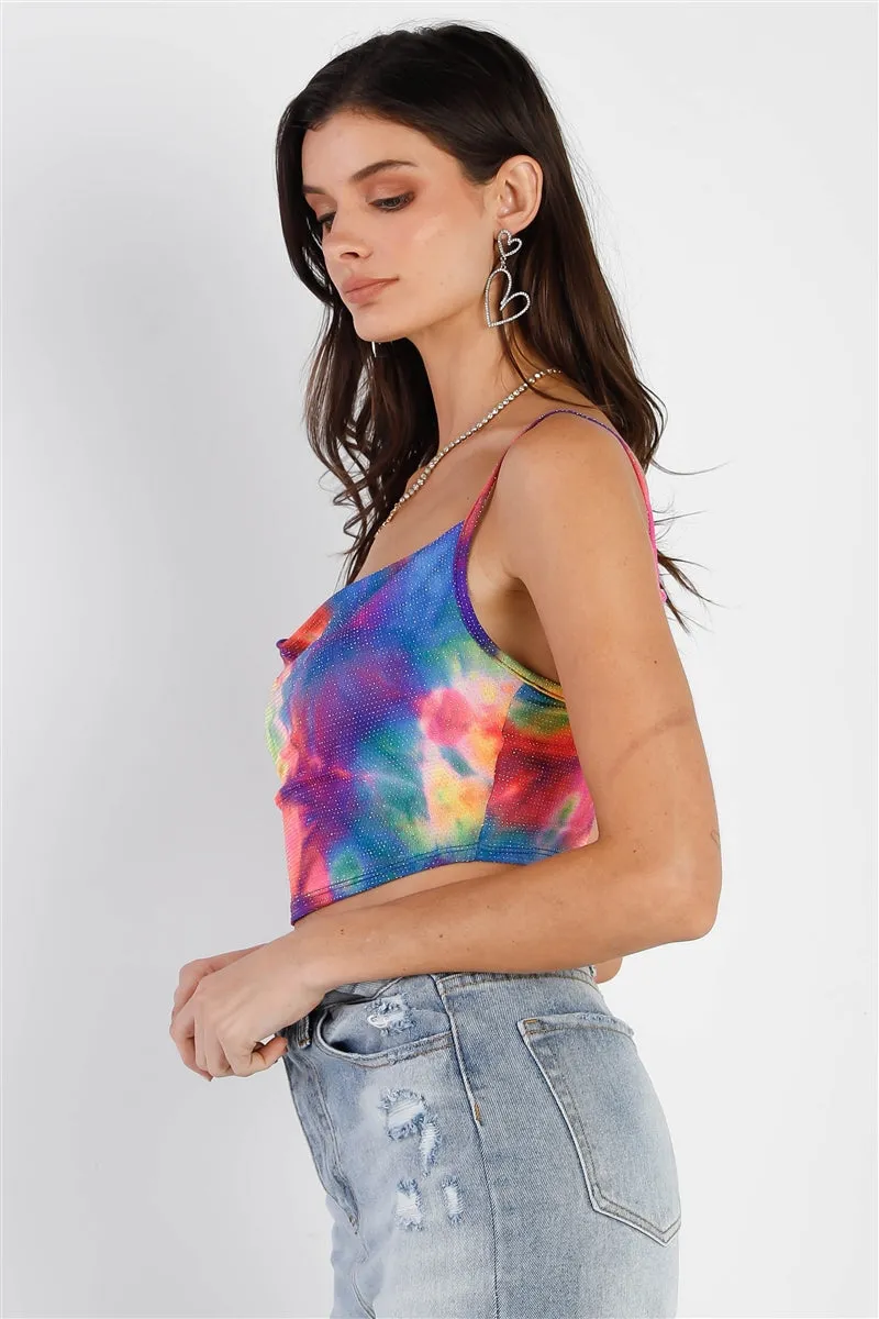 Rainbow Neon Tie-Dye Cowl Neck Crop Top