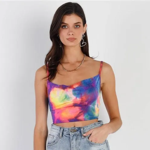 Rainbow Neon Tie-Dye Cowl Neck Crop Top