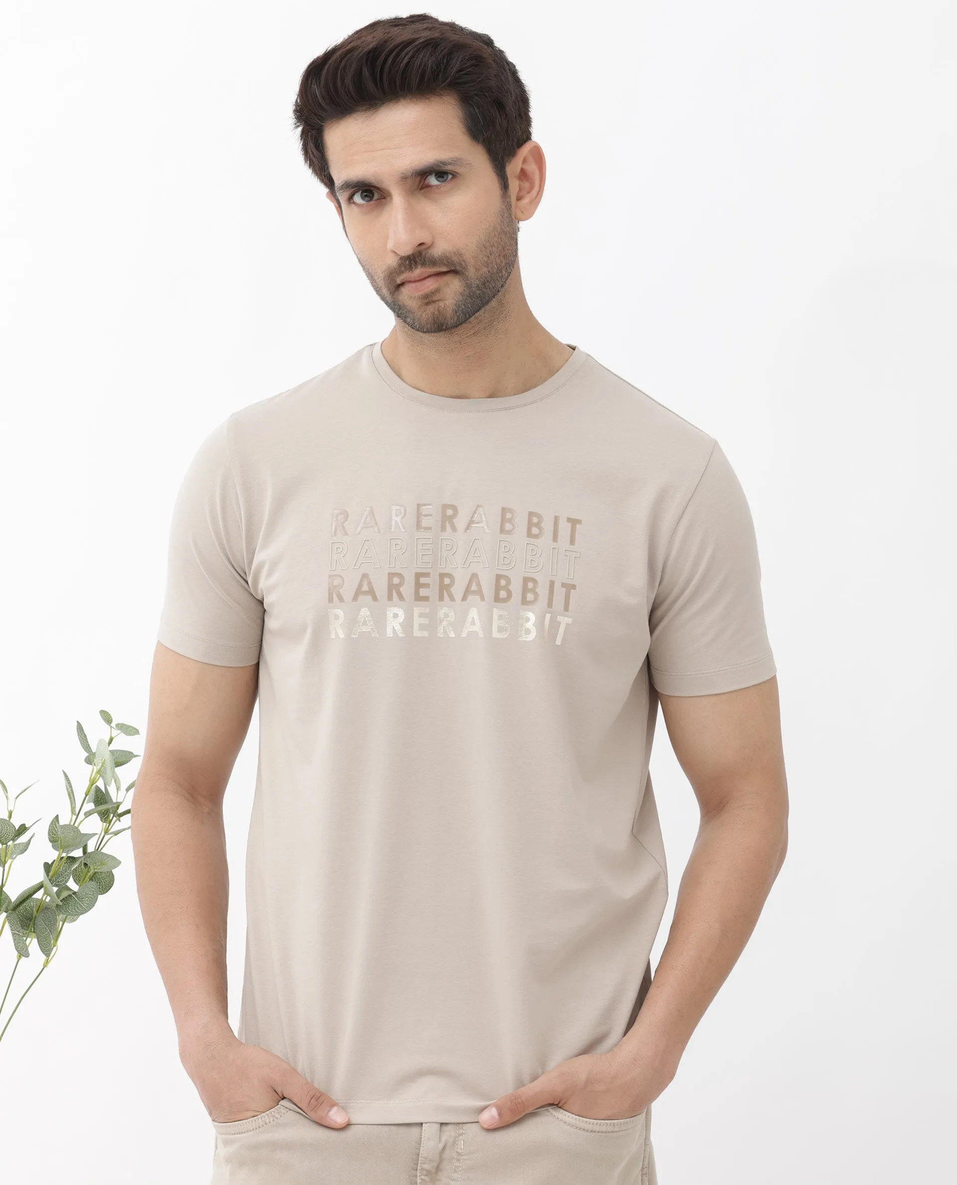 Rare Rabbit Men's Callum Beige Cotton Lycra Fabric Half Sleeves Graphic Statement Print T-Shirt