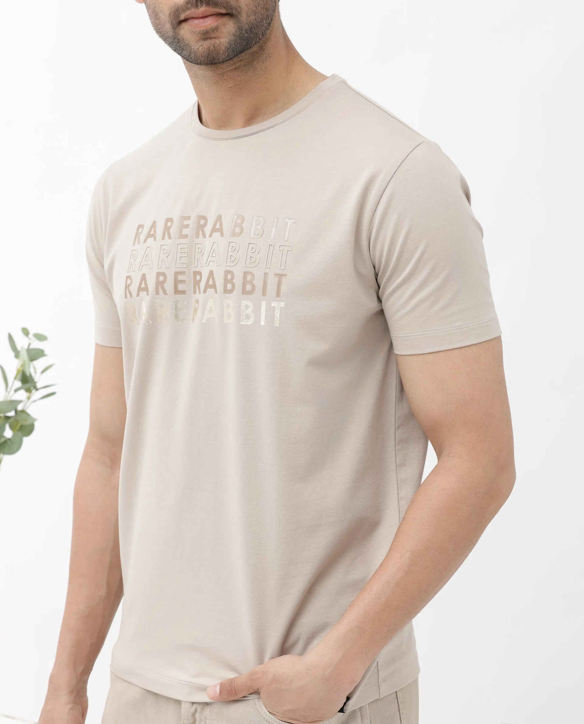 Rare Rabbit Men's Callum Beige Cotton Lycra Fabric Half Sleeves Graphic Statement Print T-Shirt