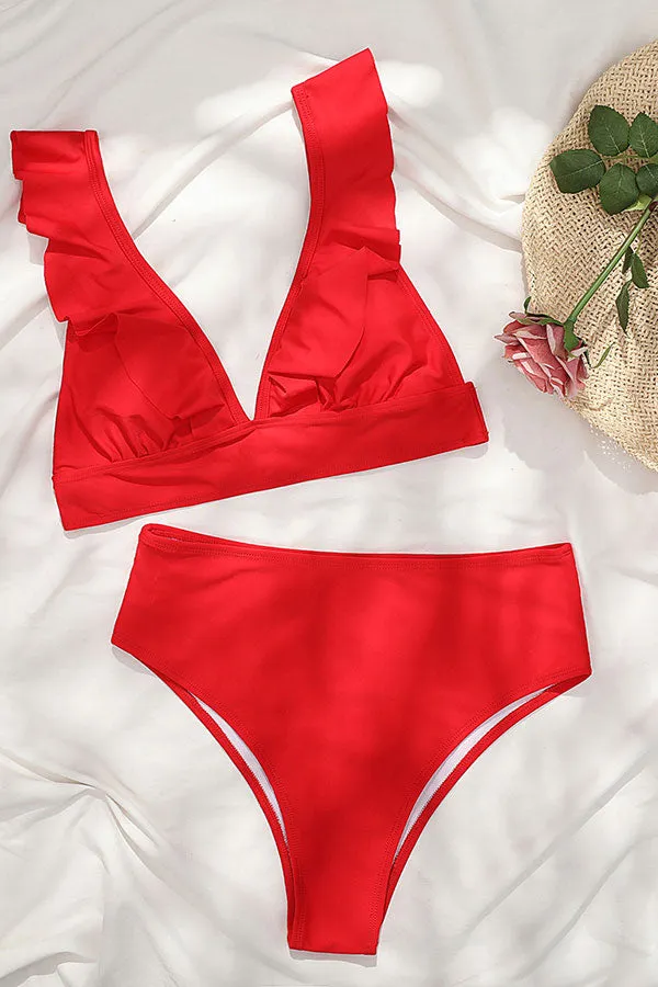 Red V Neck Ruffle Feminine Bikini
