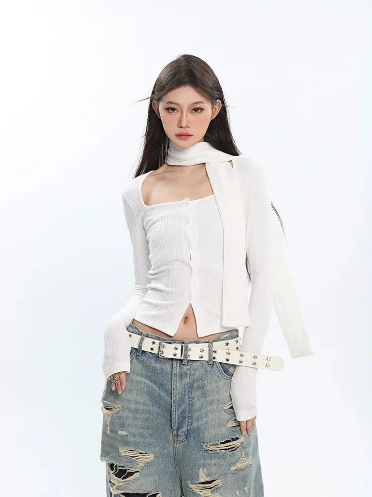 Ribbed Cropped Cardigan with Scarf Detail
