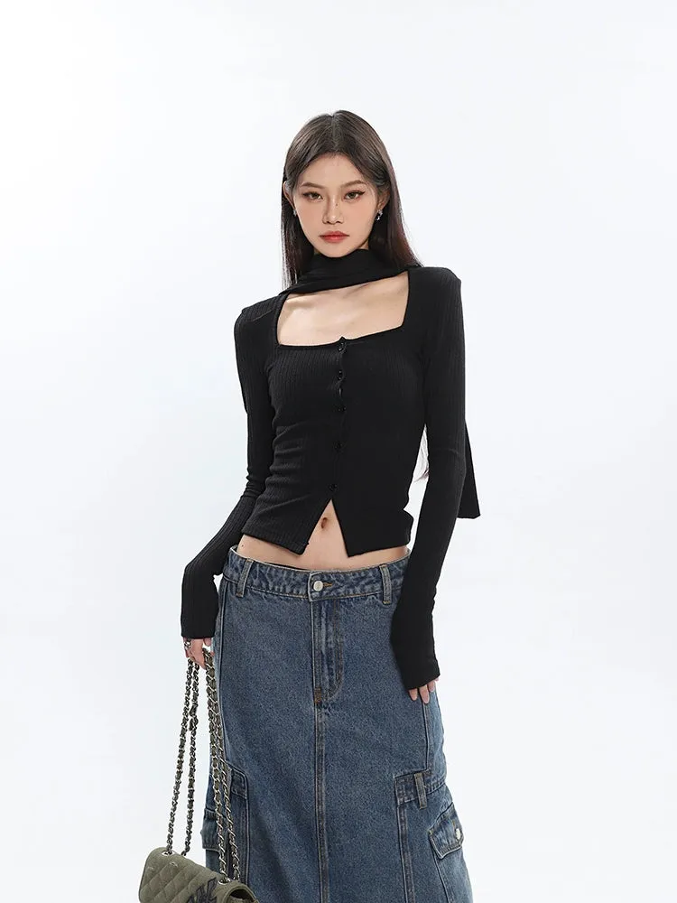 Ribbed Cropped Cardigan with Scarf Detail