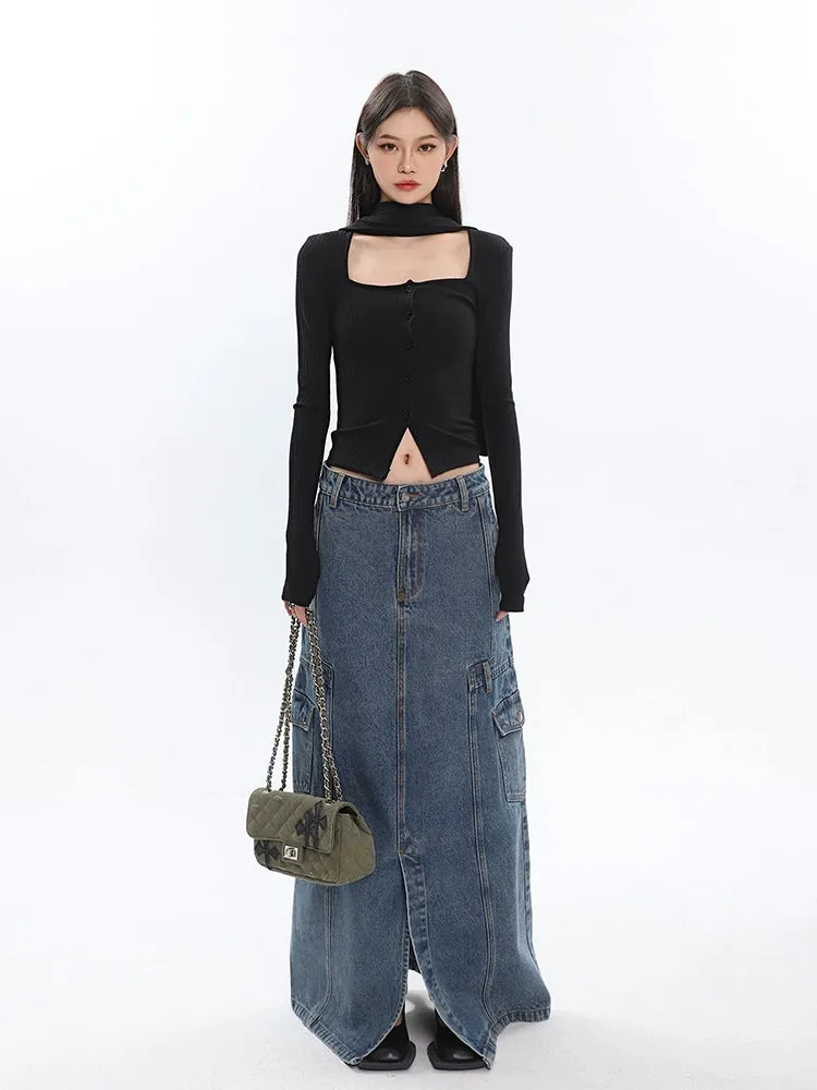 Ribbed Cropped Cardigan with Scarf Detail
