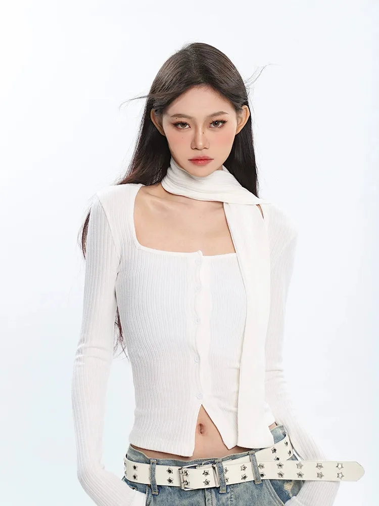 Ribbed Cropped Cardigan with Scarf Detail