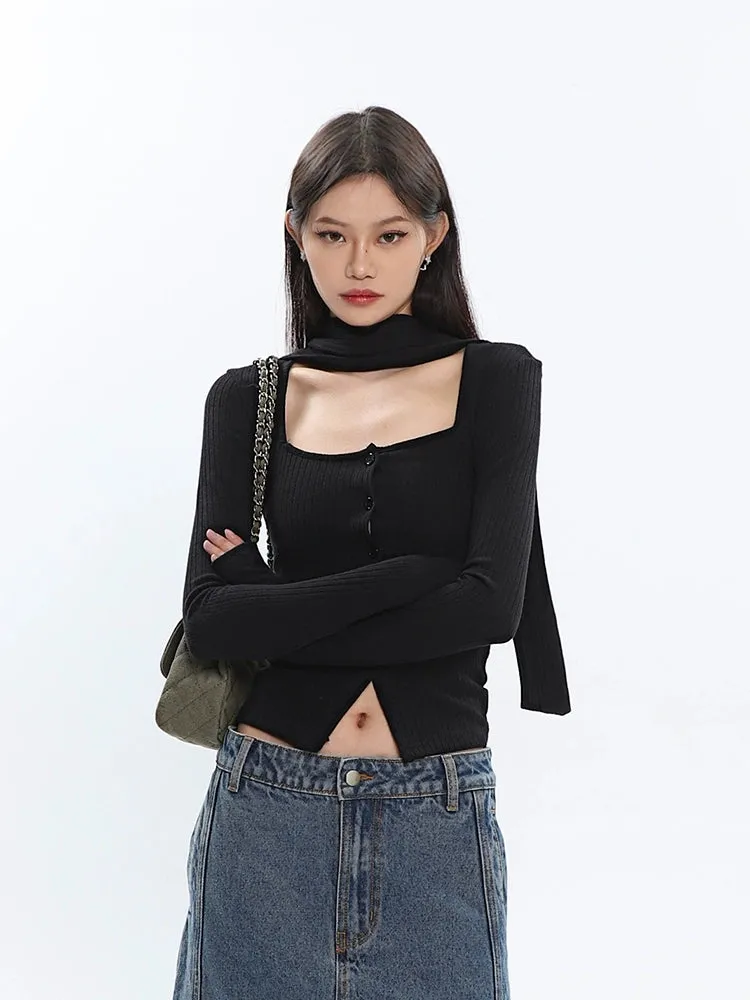 Ribbed Cropped Cardigan with Scarf Detail