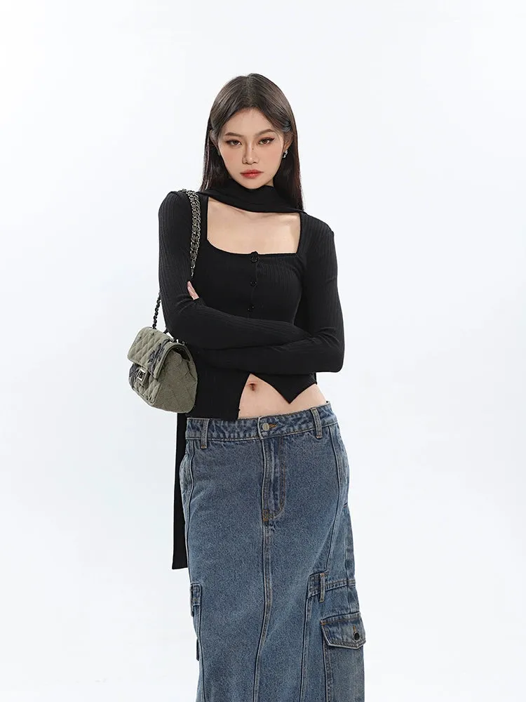 Ribbed Cropped Cardigan with Scarf Detail