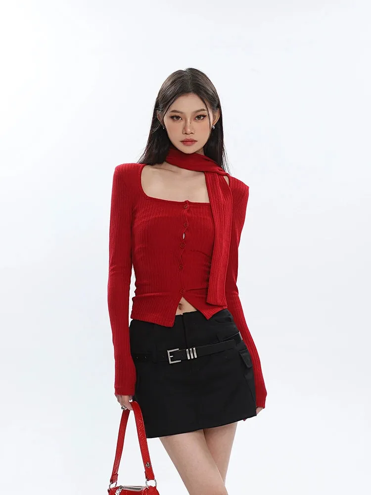 Ribbed Cropped Cardigan with Scarf Detail