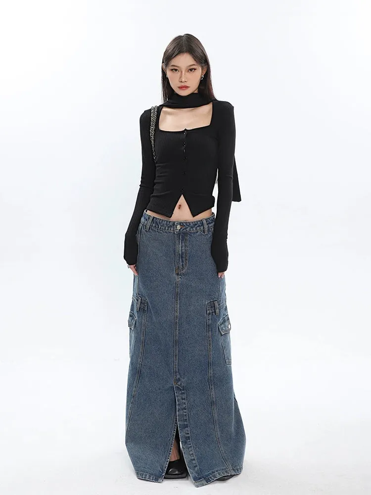 Ribbed Cropped Cardigan with Scarf Detail