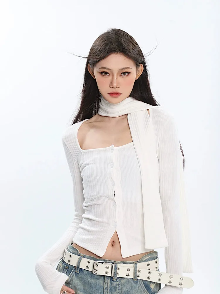 Ribbed Cropped Cardigan with Scarf Detail