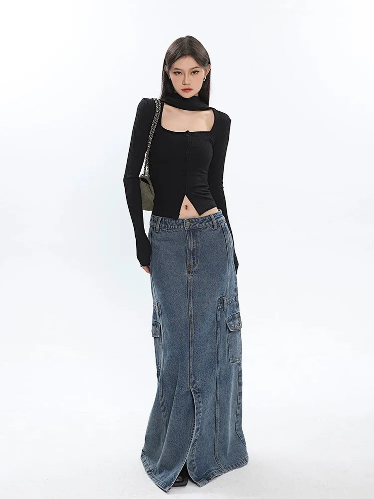 Ribbed Cropped Cardigan with Scarf Detail