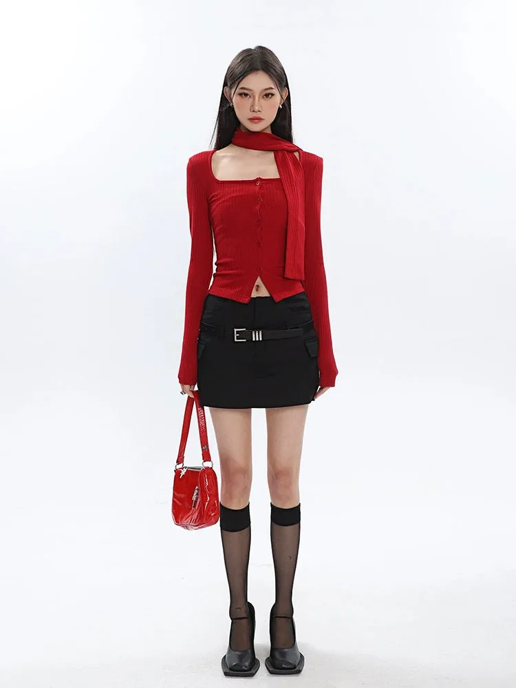 Ribbed Cropped Cardigan with Scarf Detail