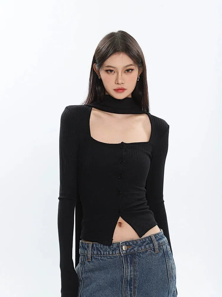 Ribbed Cropped Cardigan with Scarf Detail